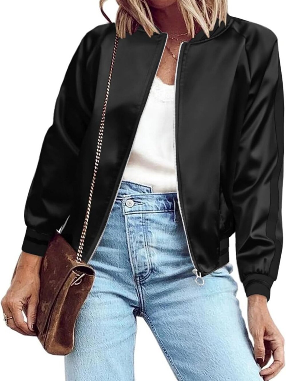 Lightweight Striped Bomber Jacket for Women | Casual Zip-Up Windbreaker with